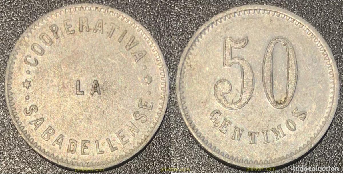 Monedas Rep&uacute;blica: 2259 ESPA&Ntilde;A 1937 FICHA 50 CENTIMOS COOPERATIVA SABADELLENSE