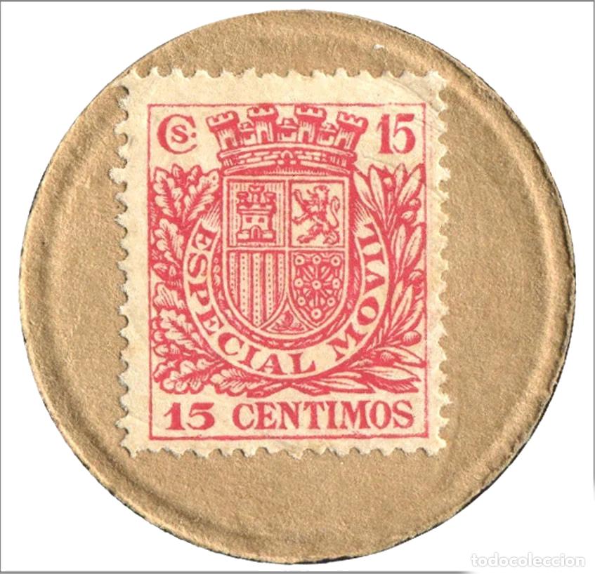 Monedas Rep&uacute;blica: Sello Moneda, 15 C&eacute;ntimos, Timbre m&oacute;vil. Escudo Rep&uacute;blica Espa&ntilde;ola, (1934-1938), Sin Circular