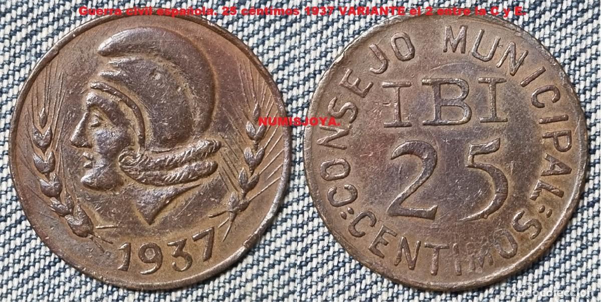 Monedas Rep&uacute;blica: GUERRA CIVIL 25 C&eacute;ntimos 1937 Consejo Municipal de IBI. VARIANTE 2 entre la C y E. BONITA. Peso 4,07