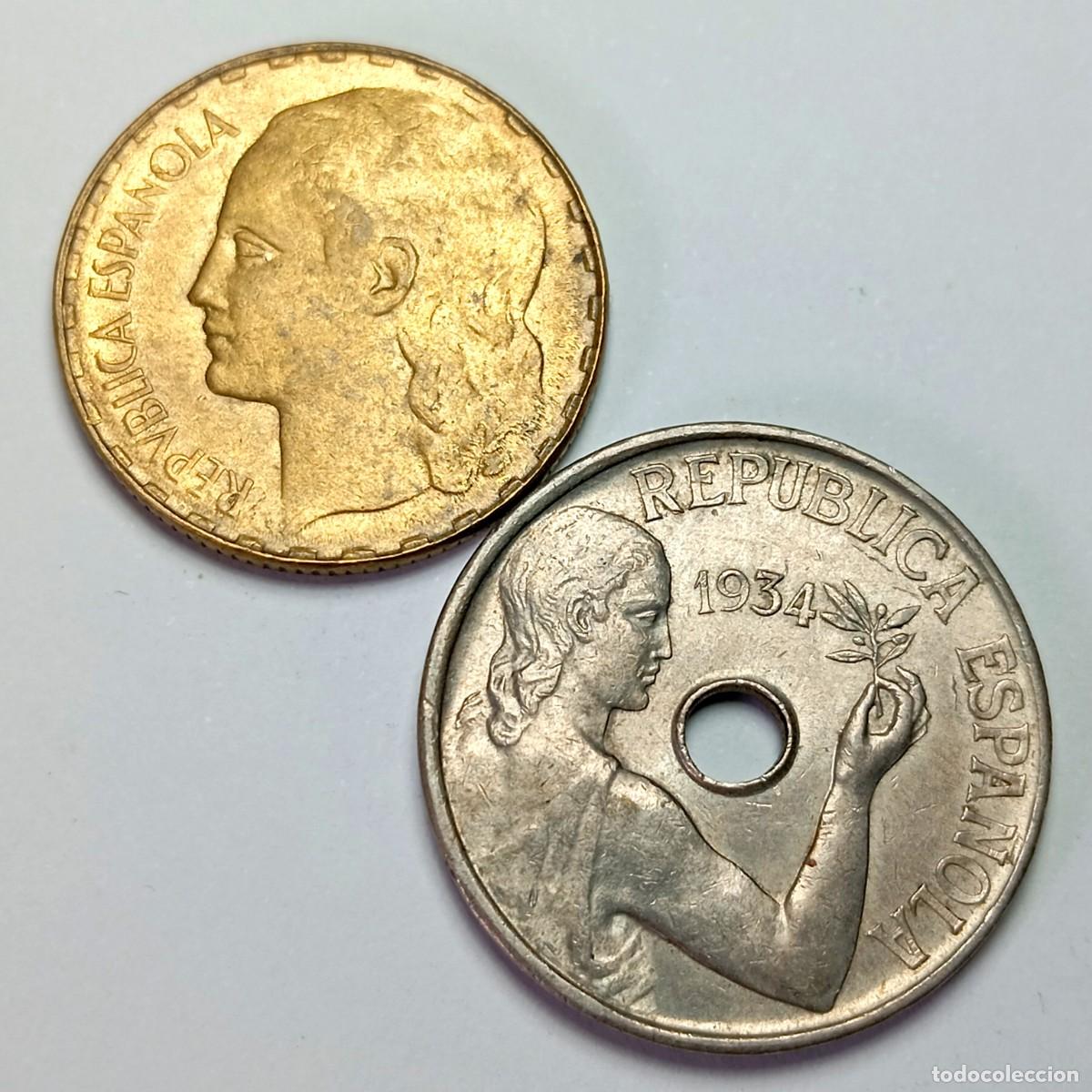 Monedas Rep&uacute;blica: ⚜️ BBG5 1. Lote 2 Monedas II Republica Preciosos Ejemplares 1 Peseta 1937 Variante pelo