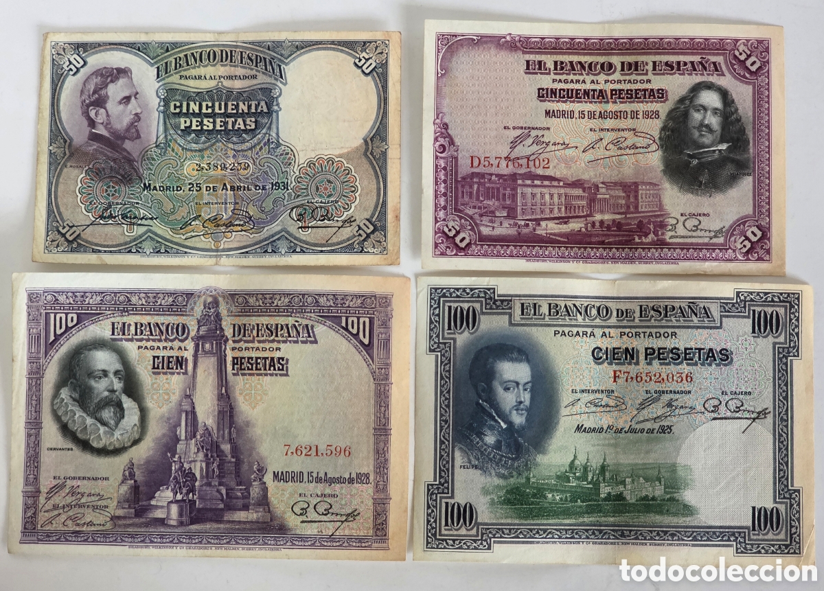 Monedas Rep&uacute;blica: 4 Antiguos Billetes Rep&uacute;blica Espa&ntilde;ola 50 y 100 Pesetas 1925 1928 1931