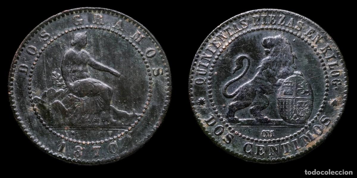 Monedas Rep&uacute;blica: 1870, 2 Centimos Provisional Spanish Government, Barcelona Mint - 20 mm / 1,97 gr.