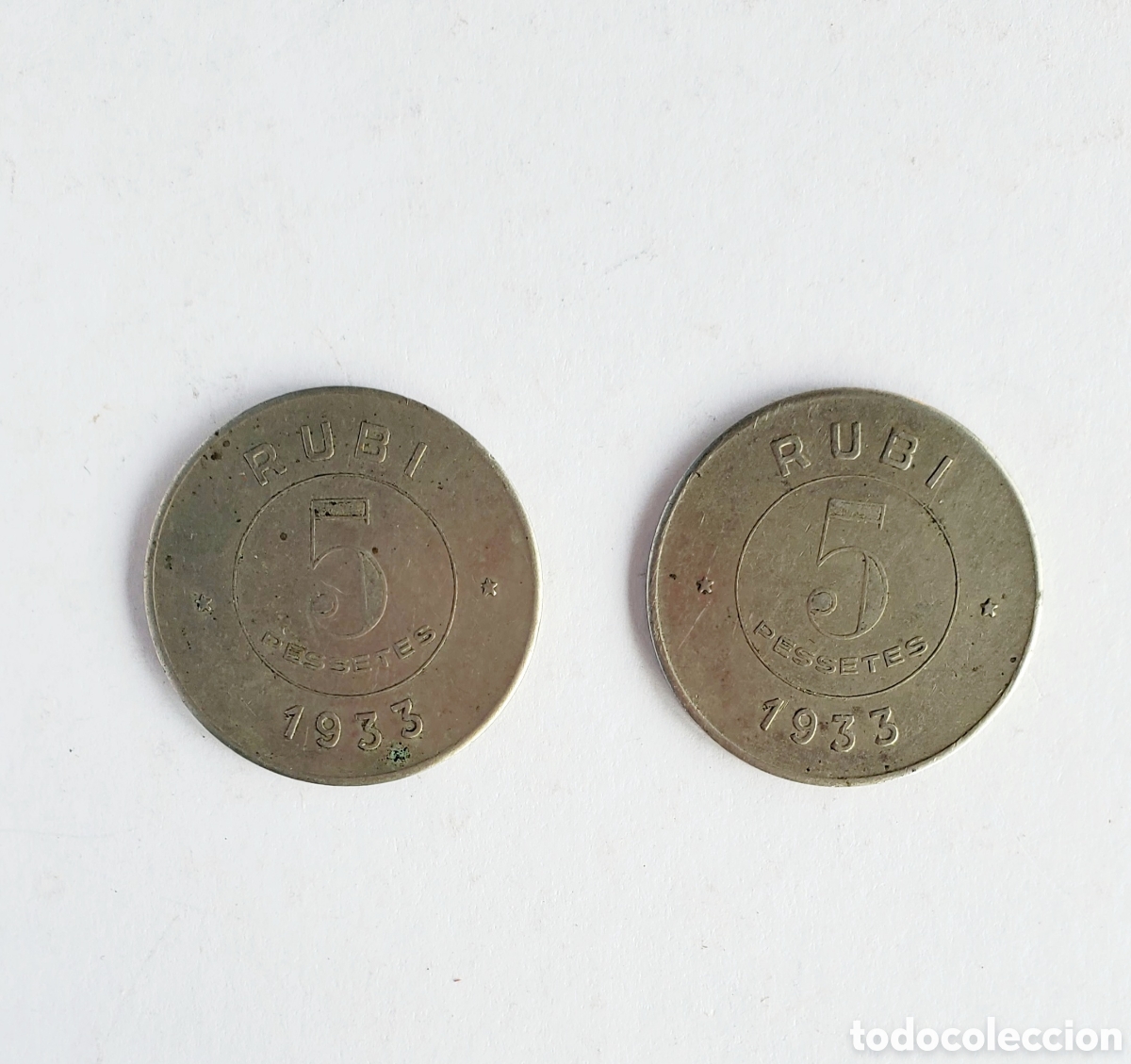 Monedas Rep&uacute;blica: 2 Monedas COOPERATIVA OBRERA DE CONSUM LA RUBINENCA 1933 RUBI 5 Pesetas.
