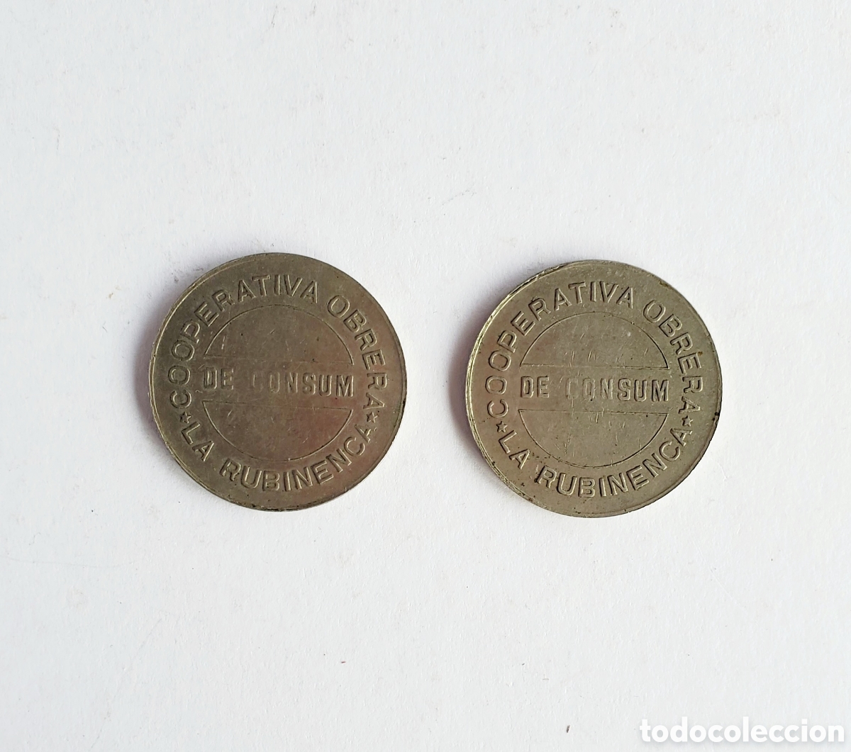 Monedas Rep&uacute;blica: 2 Monedas COOPERATIVA OBRERA DE CONSUM LA RUBINENCA 1933 RUBI 5 Pesetas.