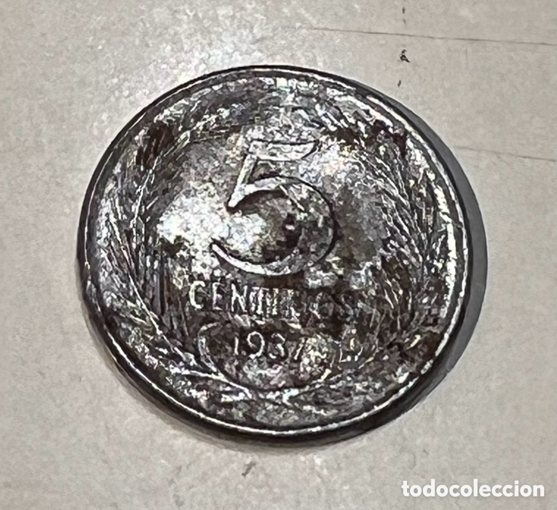 Monedas Rep&uacute;blica: Moneda. Rep&uacute;blica Espa&ntilde;ola. 5 C&eacute;ntimos. 1937.