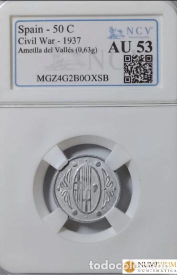 Monedas Rep&uacute;blica: Guerra civil: L'Ametlla del Vall&eacute;s. 50 c&eacute;ntimos sin leyenda. Sin circular. Encapsulada. AU-53