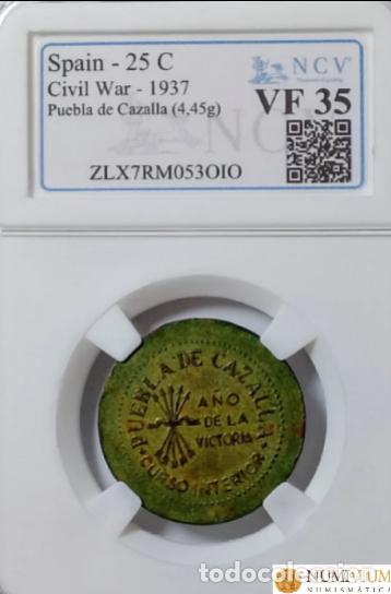 Monedas Rep&uacute;blica: Ayuntamiento de Puebla de Cazalla (Sevilla). Bando Nacional. 25 c&eacute;ntimos. Rara. Encapsulada