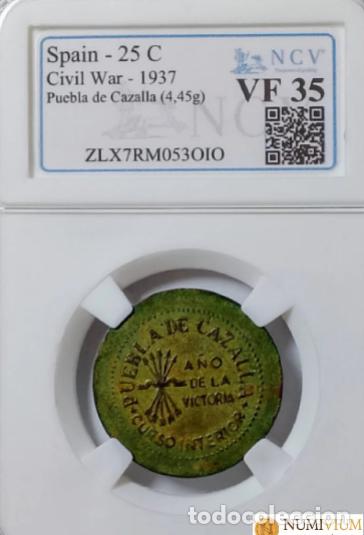 Monedas Rep&uacute;blica: Ayuntamiento de Puebla de Cazalla (Sevilla). Bando Nacional. 25 c&eacute;ntimos. Rara. Encapsulada