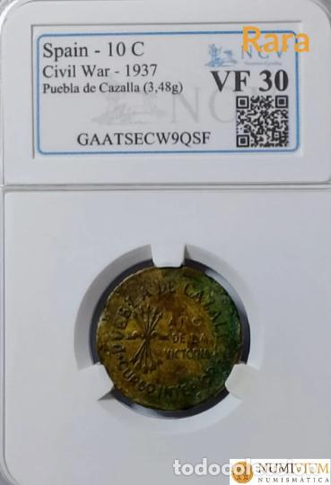 Monedas Rep&uacute;blica: Ayuntamiento de Puebla de Cazalla (Sevilla). 10 c&eacute;ntimos. Bando nacional. Muy rara. Encapsulada