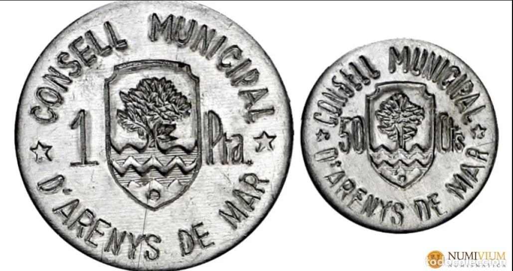 Monedas Rep&uacute;blica: Guerra Civil: Republica: Arenys de Mar. Colecci&oacute;n completa. 1 Pta y 50 cts. Raras. Encapsuladas. AU