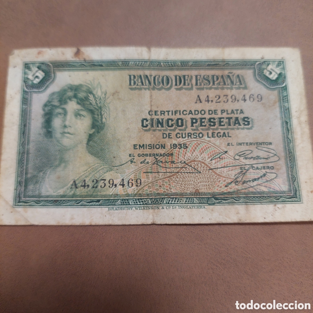 Monedas Rep&uacute;blica: Billete 5 Pesetas 1935.