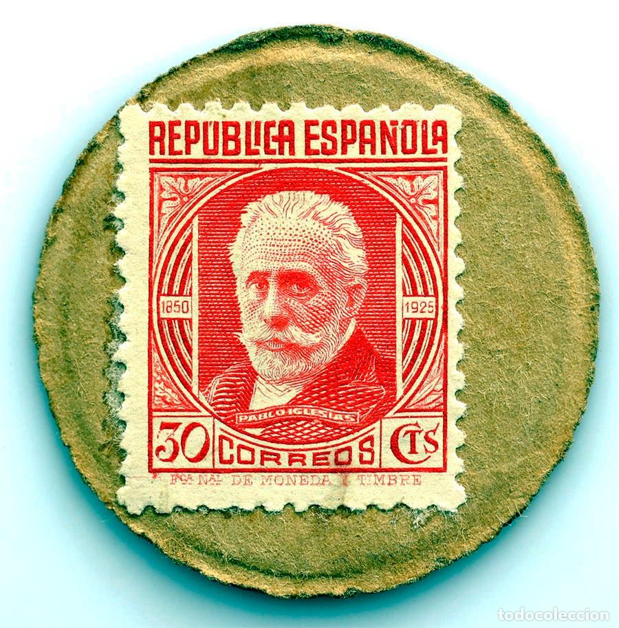 Monedas Rep&uacute;blica: Spain-Guerra civil. Sello moneda 30 c&eacute;ntimos. Pablo Iglesias. SC/UNC.