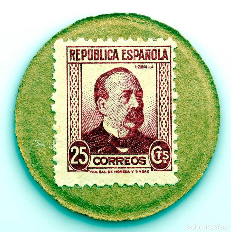 Monedas Rep&uacute;blica: Spain-Guerra civil. Sello moneda 25 c&eacute;ntimos. Ruiz Zorrilla. SC/UNC.