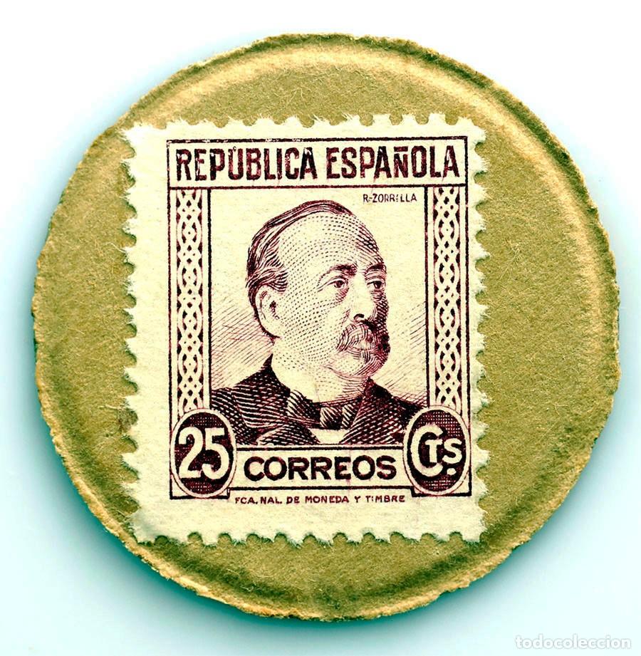 Monedas Rep&uacute;blica: Spain-Guerra civil. Sello moneda 25 c&eacute;ntimos. Luis Zorrilla. SC/UNC.