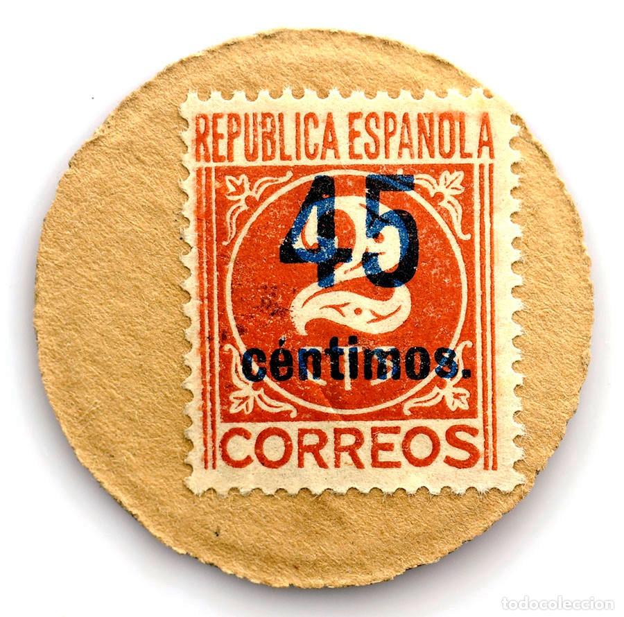 Monedas Rep&uacute;blica: Spain-Guerra civil. Sello moneda 45 c&eacute;ntimos sobre dos c&eacute;ntimos. SC/UNC.