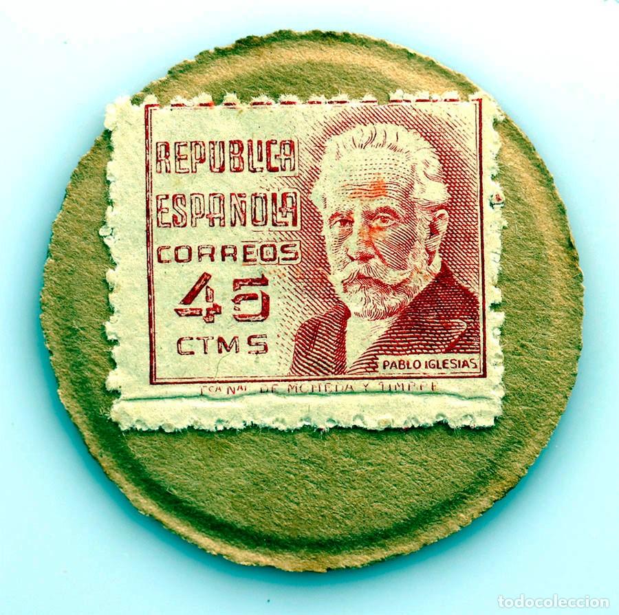 Monedas Rep&uacute;blica: SC-Spain-Guerra civil. Sello moneda 45 c&eacute;ntimos. Pablo Iglesias. SC/UNC.