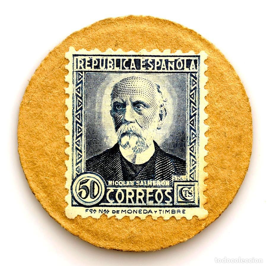 Monedas Rep&uacute;blica: Spain-Guerra civil. Sello moneda 50 c&eacute;ntimos. Nicol&aacute;s Salmer&oacute;n. SC/UNC