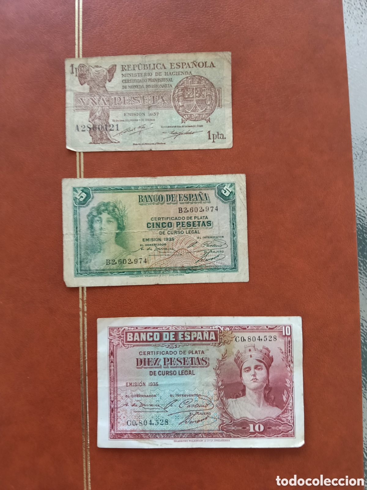Monedas Rep&uacute;blica: [SUBASTA] Lote 3 Billetes Segunda Rep&uacute;blica y Guerra Civil (1, 5 y 10 Pesetas) 1935-1937. &iexcl;Salida 10