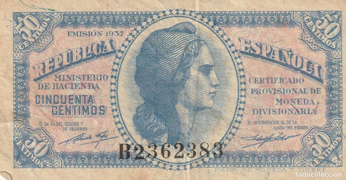 Monedas Rep&uacute;blica: BILLETE DE 50 C&Eacute;NTIMOS DE LA SEGUNDA REP&Uacute;BLICA ESPA&Ntilde;OLA, EMITIDO POR EL MINISTERIO DE HACIENDA CON F