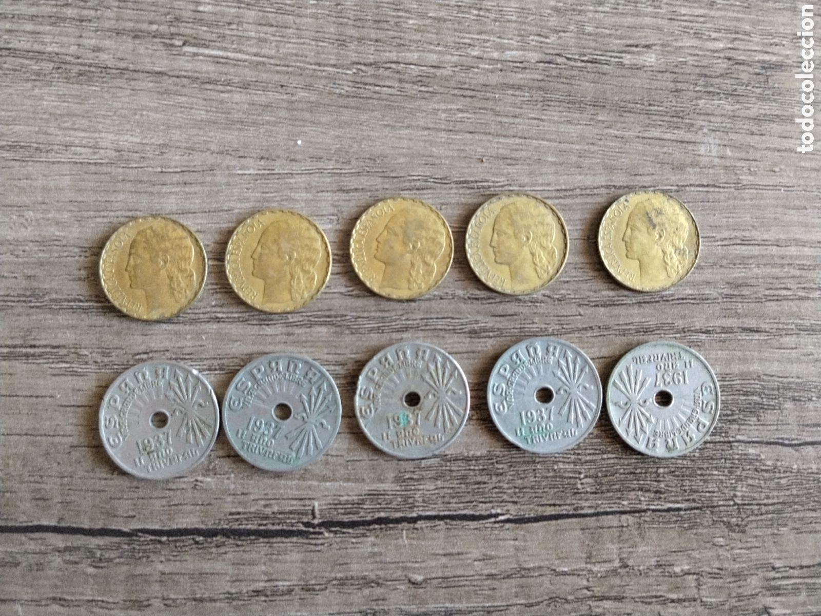 Moedas Rep&uacute;blica: Lote 10 monedas guerra civil espa&ntilde;ola.republicanas y nacionales.1937.monedas locales.la rubia.1 pese