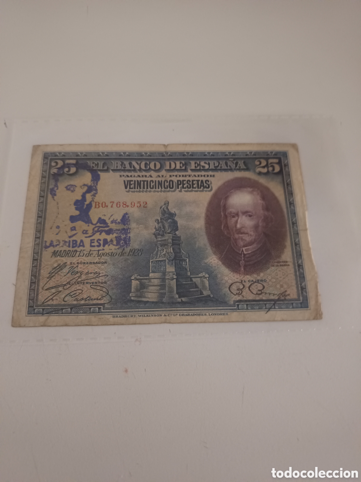 Monedas Rep&uacute;blica: Billete 25 pesetas 1928. Con resello del Bando Nacional.