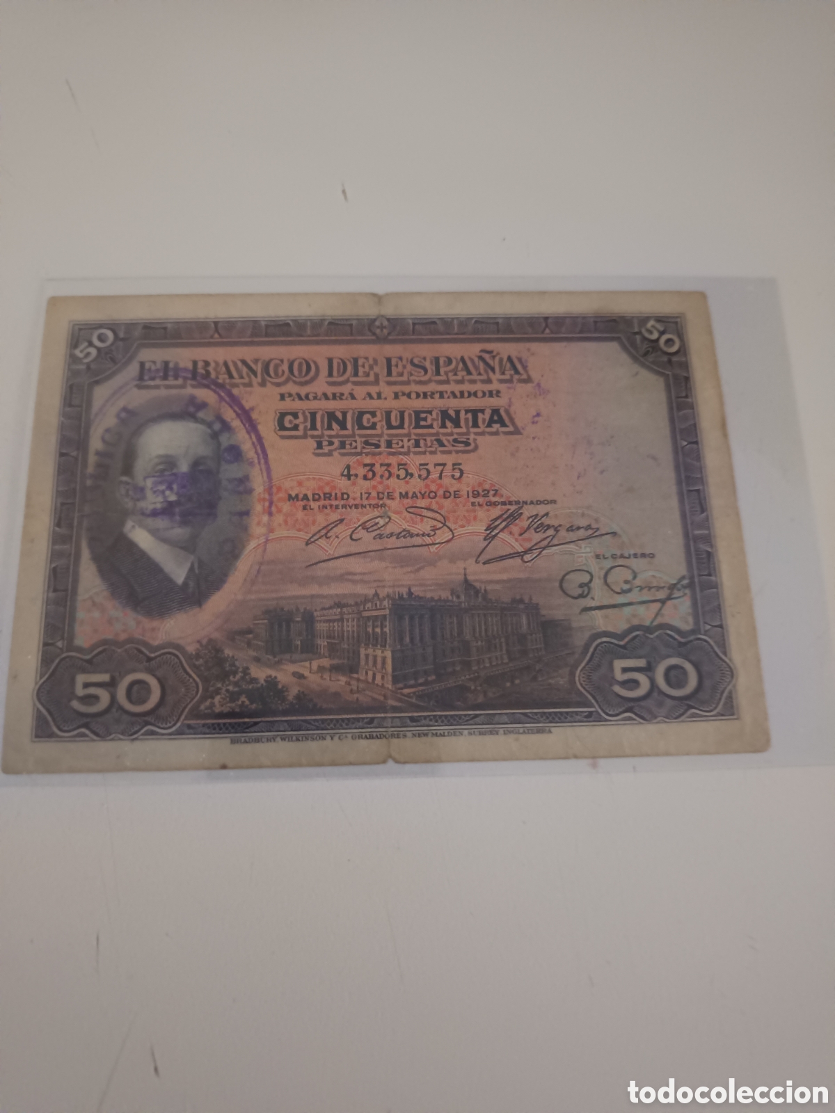 Monedas Rep&uacute;blica: Billete 50 Pesetas. 1927. Alfonso XIII. Resello de la II Republica