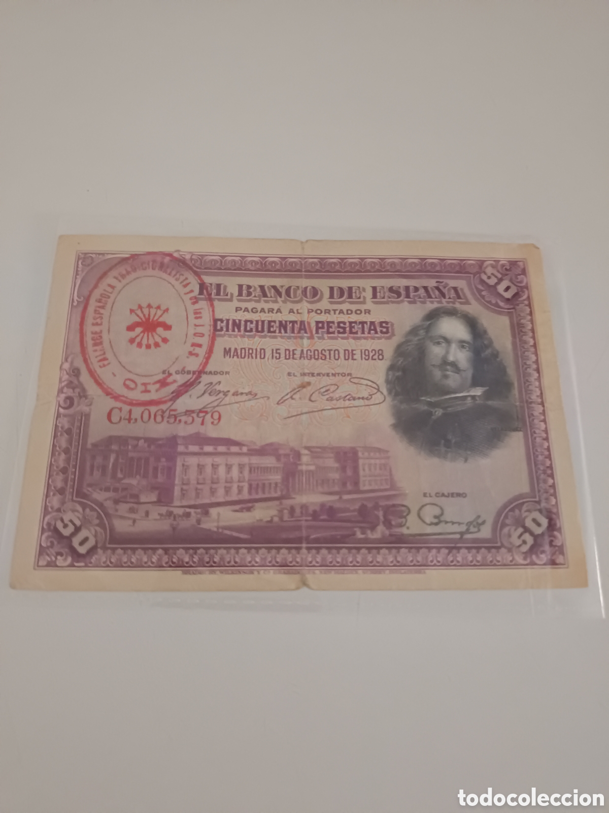 Monedas Rep&uacute;blica: Billete 50 Pesetas. A&ntilde;o 1928. Con resello del la J.O.N.S Bando Nacional