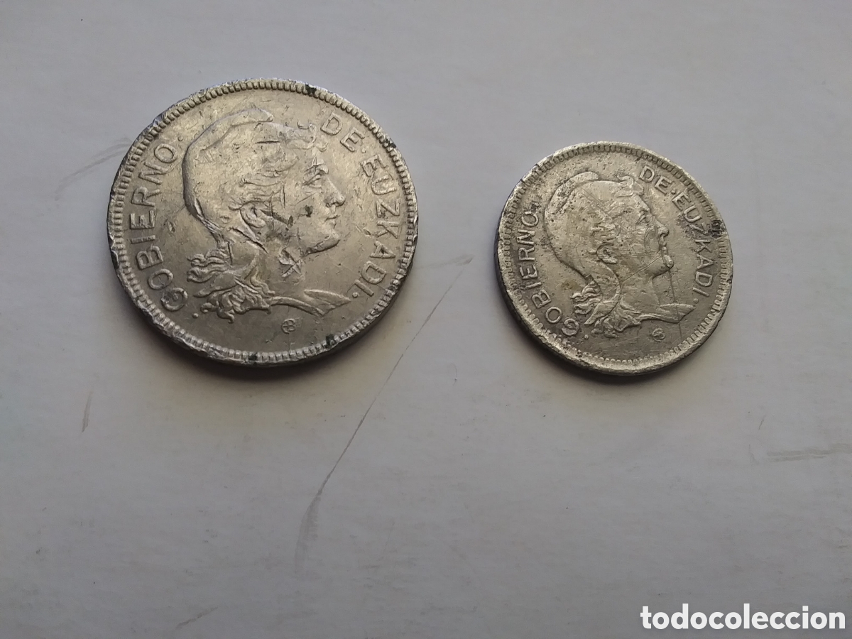 M&uuml;nzen der Zweiten Republik: 1937 GOBIERNO DE EUZCADI. 2 Y 1 PESETA. NIQUEL.