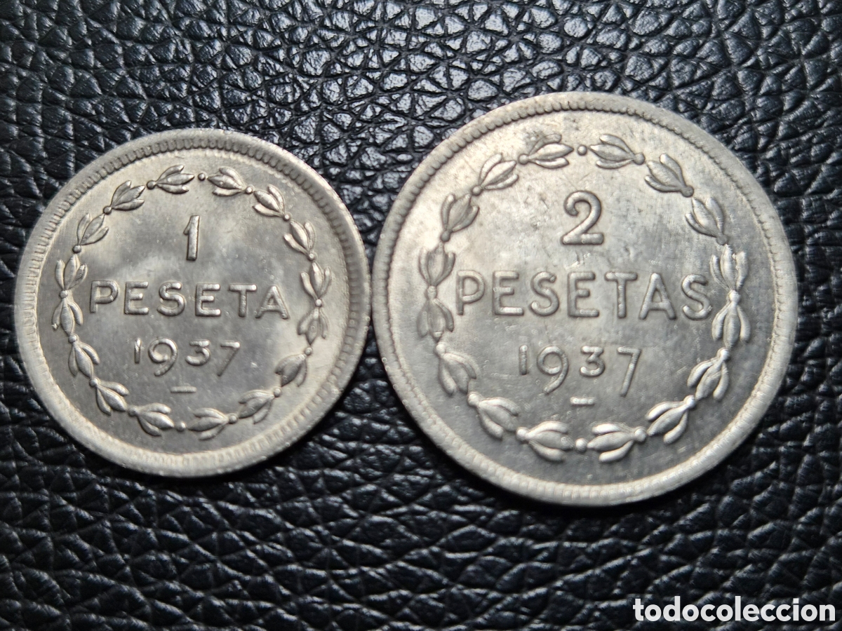 Moedas Rep&uacute;blica: Pareja 1 y 2 Pesetas EUZKADI 1937 Guerra Civil