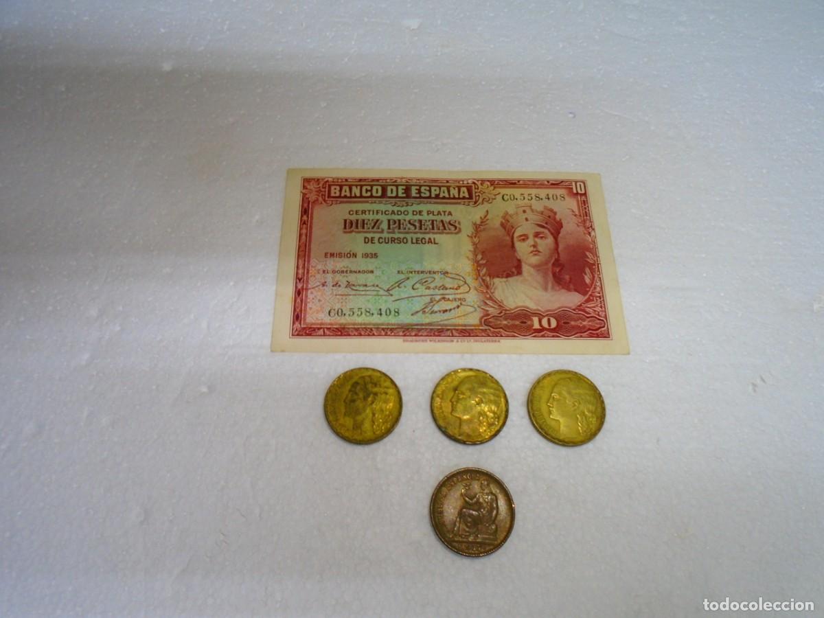 Monedas Rep&uacute;blica: GUERRA CIVILREPUBLICA.LOTE DE BILLETE DE 10 PTAS Y MONEDAS DE 1 PTA(3) Y 50 CTS(1)