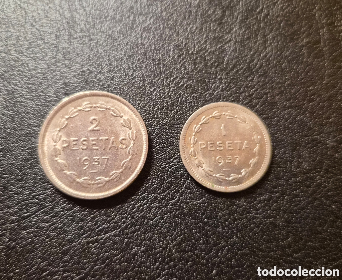 Monedas Rep&uacute;blica: 1 y 2 pesetas 1937 gobierno de euzkadi &ndash; pa&iacute;s vasco &ndash; guerra civil &ndash; lote 2 monedas