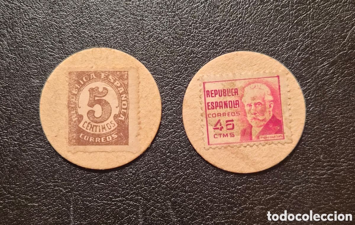 Monedas Rep&uacute;blica: lote 2 sello-moneda rep&uacute;blica espa&ntilde;ola &ndash; 5 y 45 c&eacute;ntimos &ndash; guerra civil &ndash; 1938