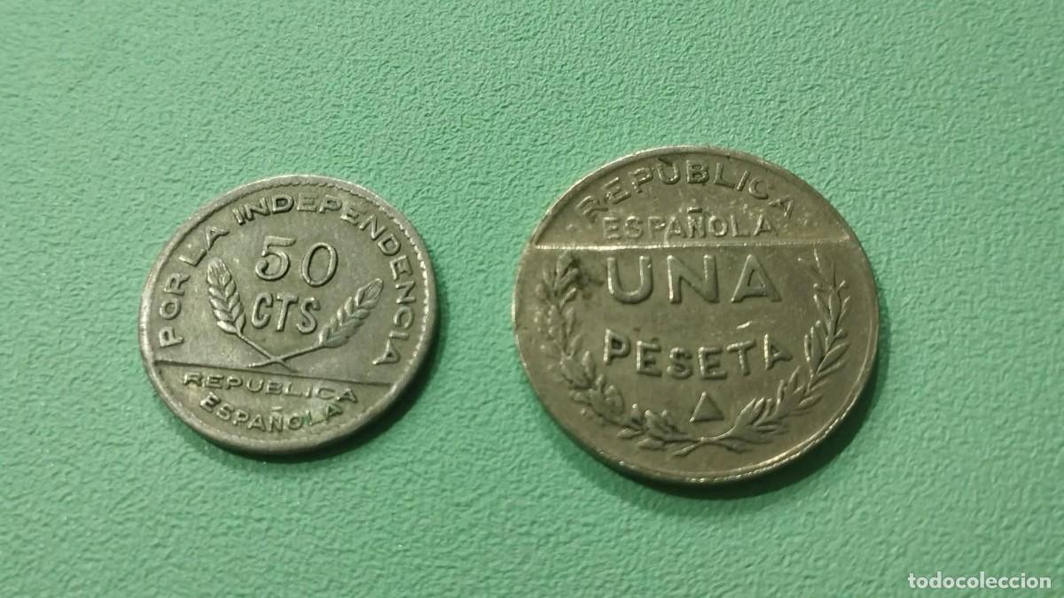 Monedas Rep&uacute;blica: Pareja Monedas 50 C&eacute;ntimos y 1 Peseta 1937 - Consejo de Santander, Palencia y Burgos - Guerra Civil