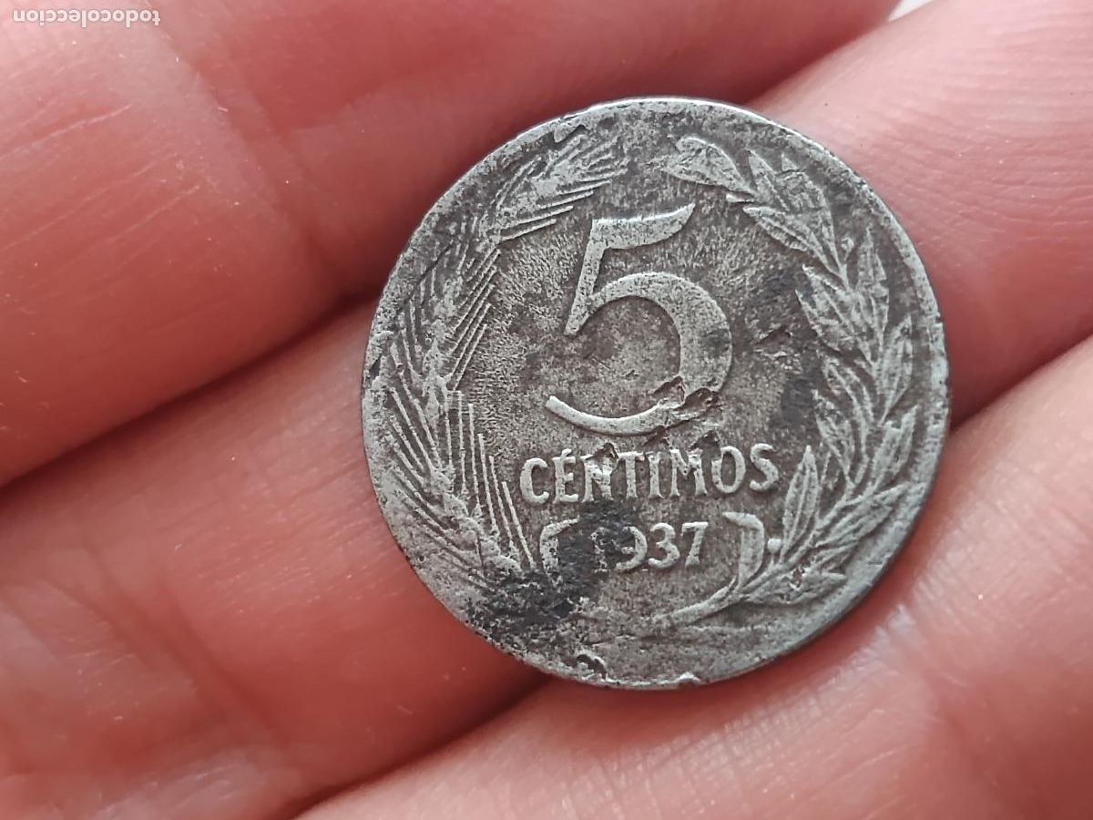 Monedas Rep&uacute;blica: 5 c&eacute;ntimos de 1937 II Rep&uacute;blica - Foto 2