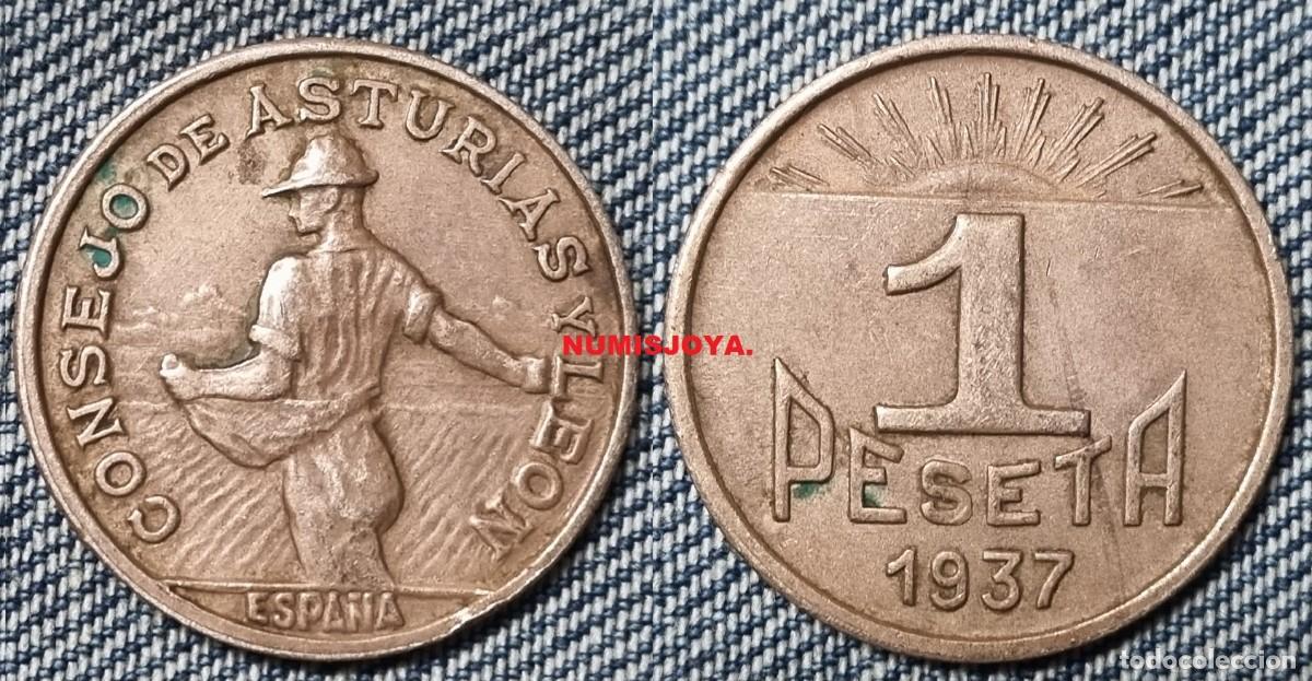 Monedas Rep&uacute;blica: GUERRA CIVIL 1 peseta cobre de Asturias y Le&oacute;n. Peso 4,81 gr. 24 mm. BONITA.