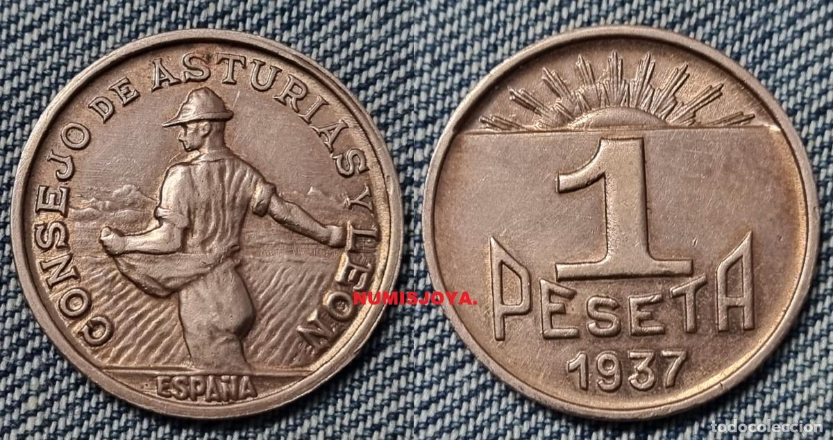 Monedas Rep&uacute;blica: GUERRA CIVIL 1 peseta cobre de Asturias y Le&oacute;n. Peso 4,92 gr. 24 mm. BONITA.