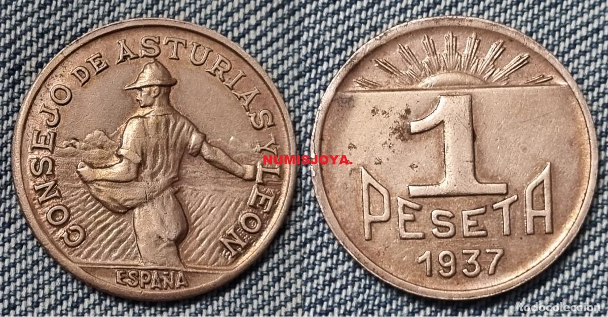 Monedas Rep&uacute;blica: GUERRA CIVIL 1 peseta cobre de Asturias y Le&oacute;n. Peso 4,81 gr. 24 mm. BONITA.
