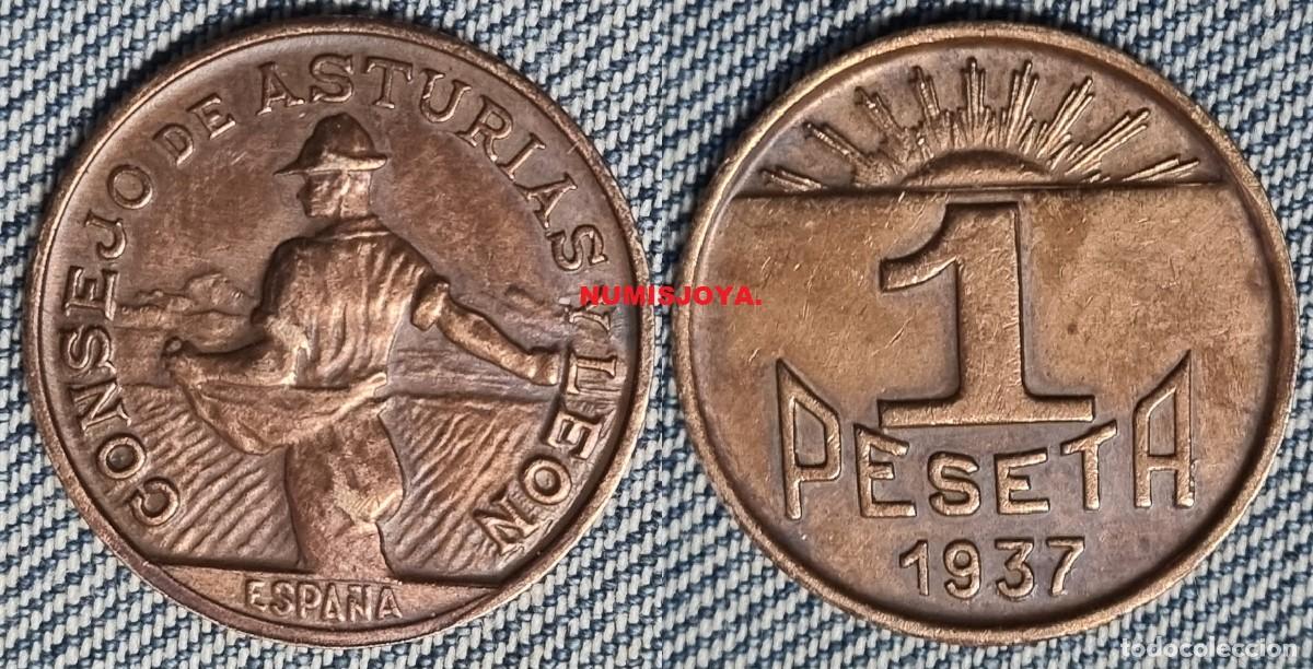 Monedas Rep&uacute;blica: GUERRA CIVIL 1 peseta cobre de Asturias y Le&oacute;n. Peso 4,89 gr. 24 mm. BONITA.