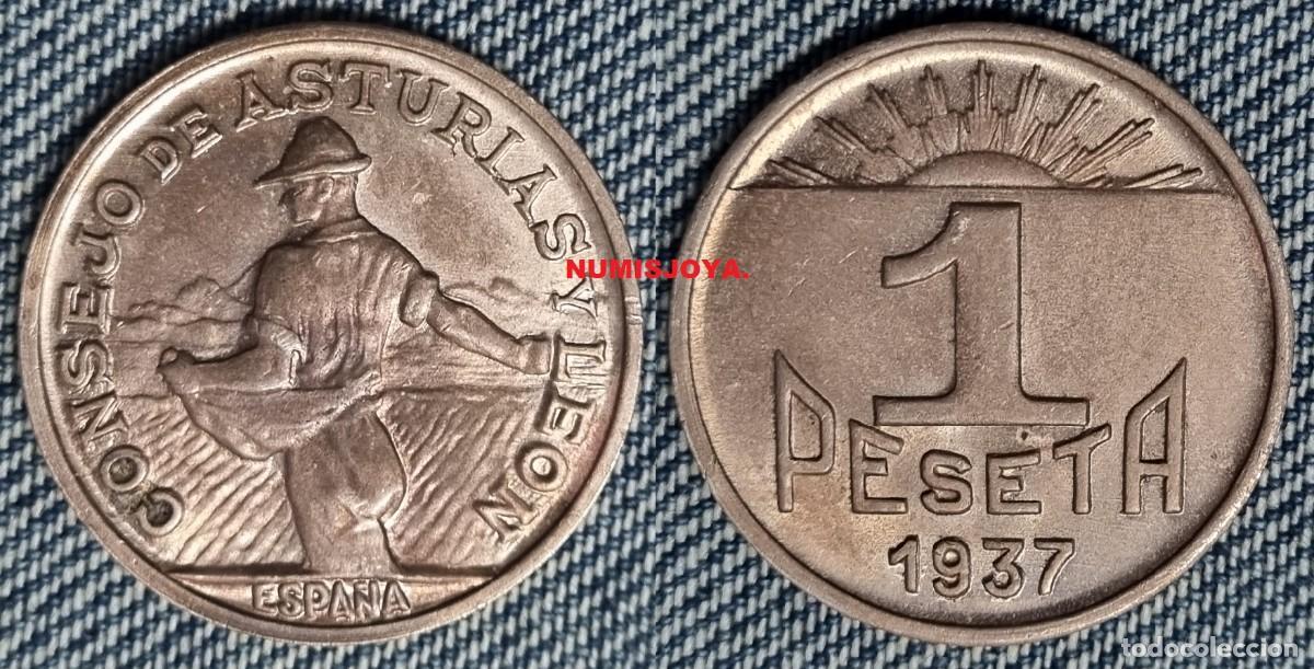 Monedas Rep&uacute;blica: GUERRA CIVIL 1 peseta cobre de Asturias y Le&oacute;n. Peso 4,90 gr. 24 mm. BONITA.