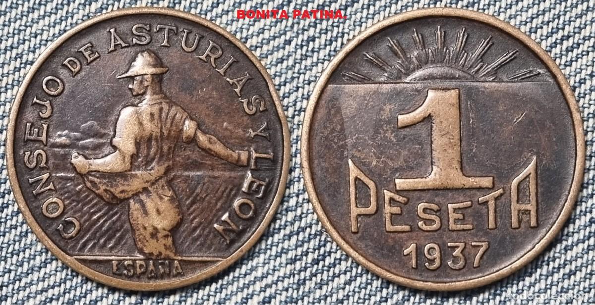 Monedas Rep&uacute;blica: GUERRA CIVIL 1 peseta cobre de Asturias y Le&oacute;n. Peso 4,79 gr. 24 mm. BONITA PATINA.