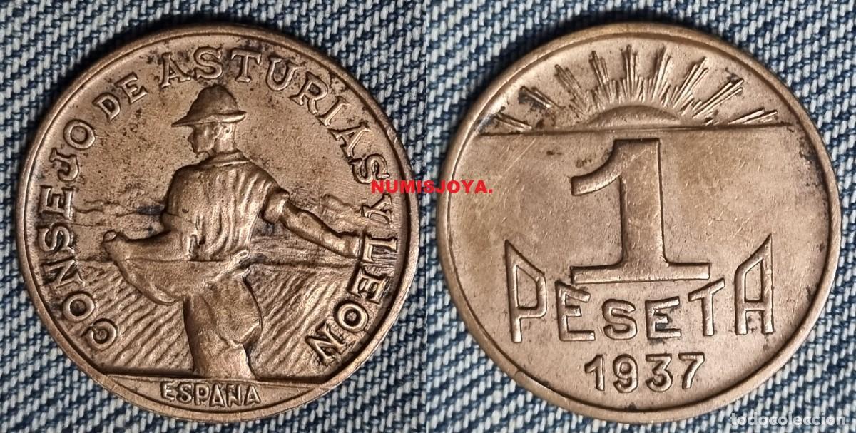 Monedas Rep&uacute;blica: GUERRA CIVIL 1 peseta cobre de Asturias y Le&oacute;n. Peso 4,82 gr. 24 mm. BONITA.