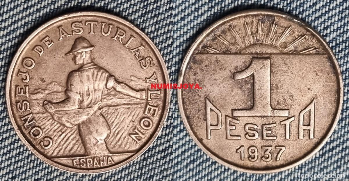 Monedas Rep&uacute;blica: GUERRA CIVIL 1 peseta cobre de Asturias y Le&oacute;n. Peso 4,83 gr. 24 mm. BONITA.
