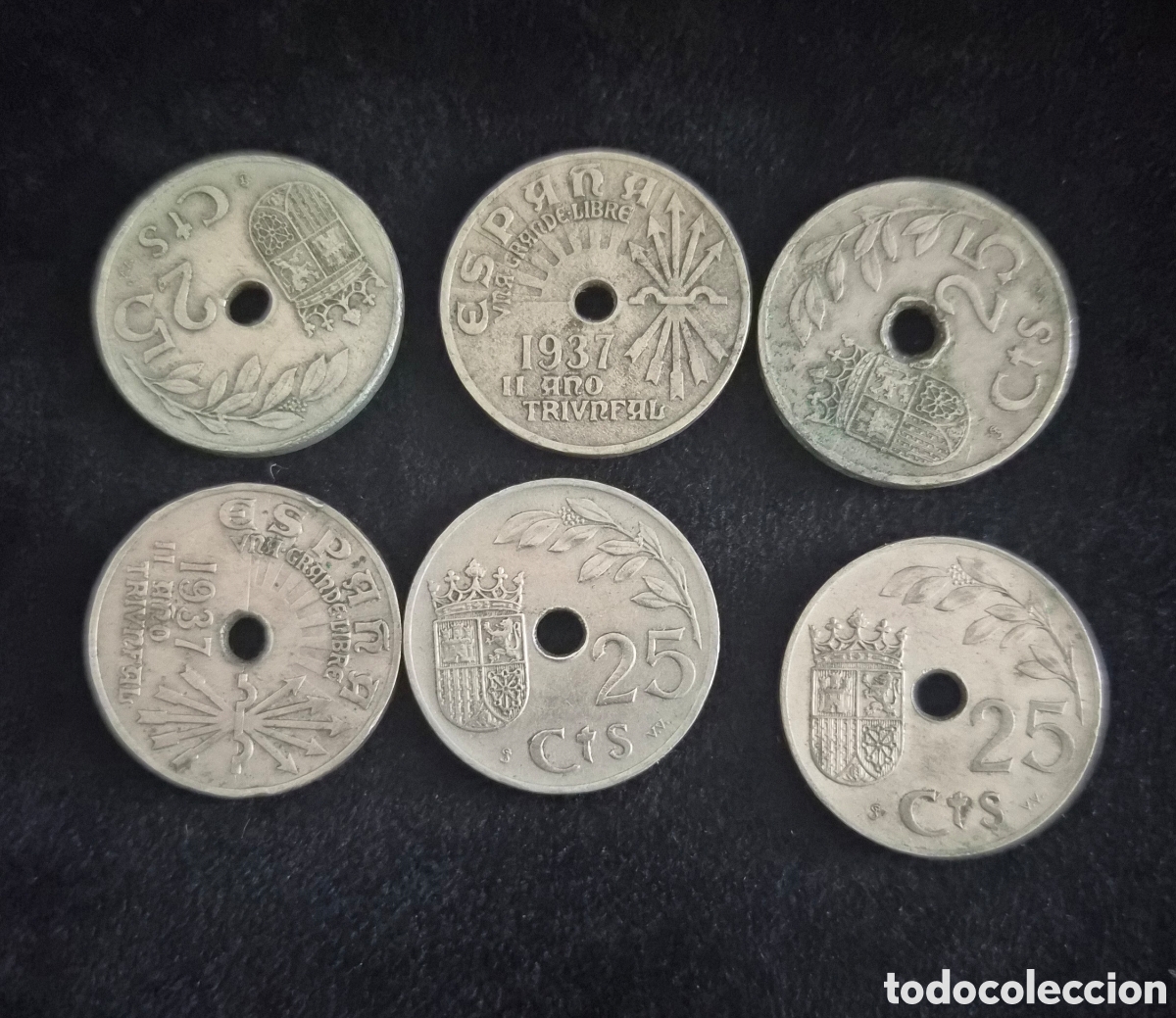 Monedas Rep&uacute;blica: Lote de 6 monedas de 25 c&eacute;ntimos de 1937 &ndash; II Rep&uacute;blica Espa&ntilde;ola &ndash; Guerra Civil