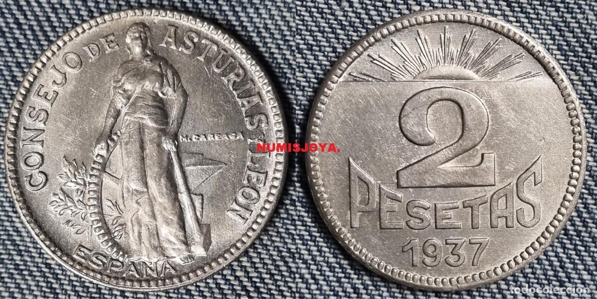 Monedas Rep&uacute;blica: Guerra Civil Espa&ntilde;ola Asturias y Le&oacute;n 2 pesetas a&ntilde;o 1937. Peso 8,04 gr. BONITA. VER VARIANTES HOJAS,
