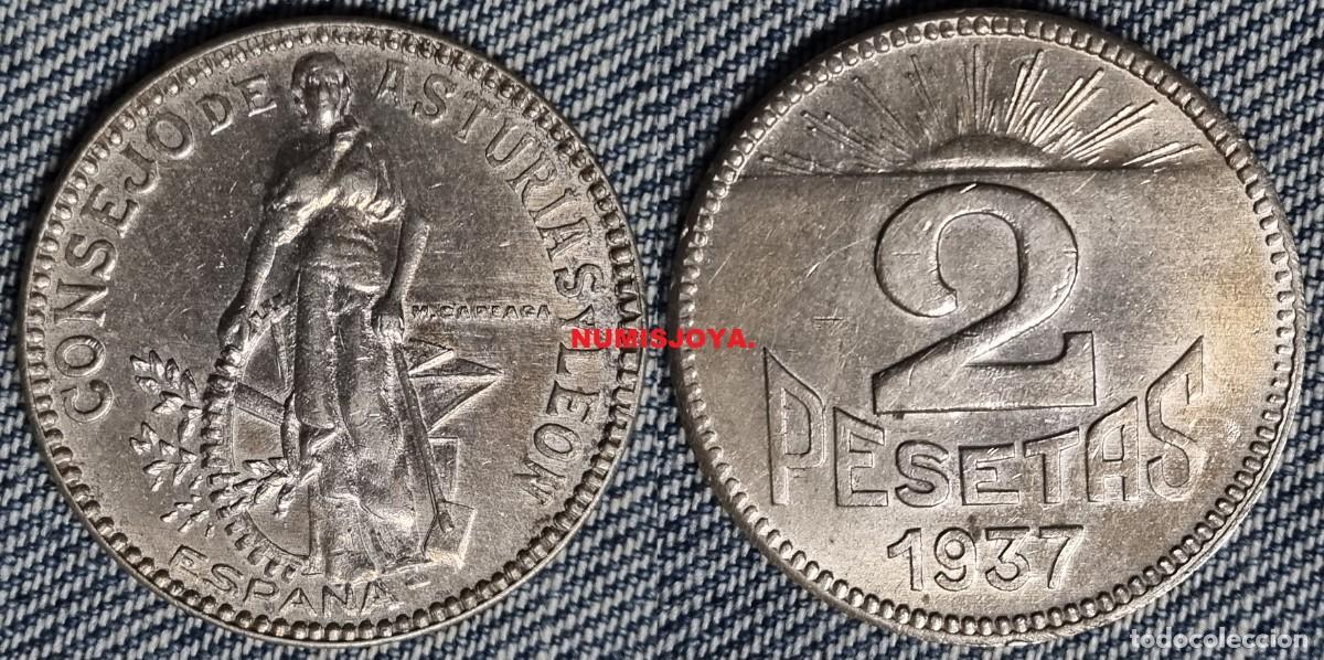 Monedas Rep&uacute;blica: Guerra Civil Espa&ntilde;ola Asturias y Le&oacute;n 2 pesetas a&ntilde;o 1937. Peso 8,11 gr. BONITA. VER VARIANTES HOJAS,