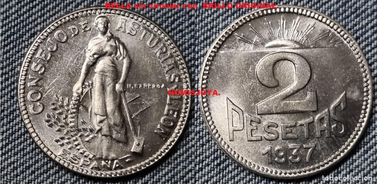 Monedas Rep&uacute;blica: Guerra Civil Espa&ntilde;ola Asturias y Le&oacute;n 2 pesetas a&ntilde;o 1937. Peso 8,01 gr. BELLA. VER VARIANTES HOJAS,