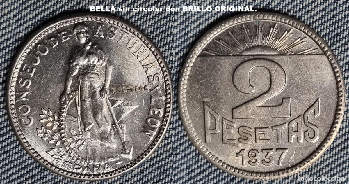 Monedas Rep&uacute;blica: Guerra Civil Espa&ntilde;ola Asturias y Le&oacute;n 2 pesetas a&ntilde;o 1937. Peso 8,07 gr. BELLA. VER VARIANTES HOJAS,