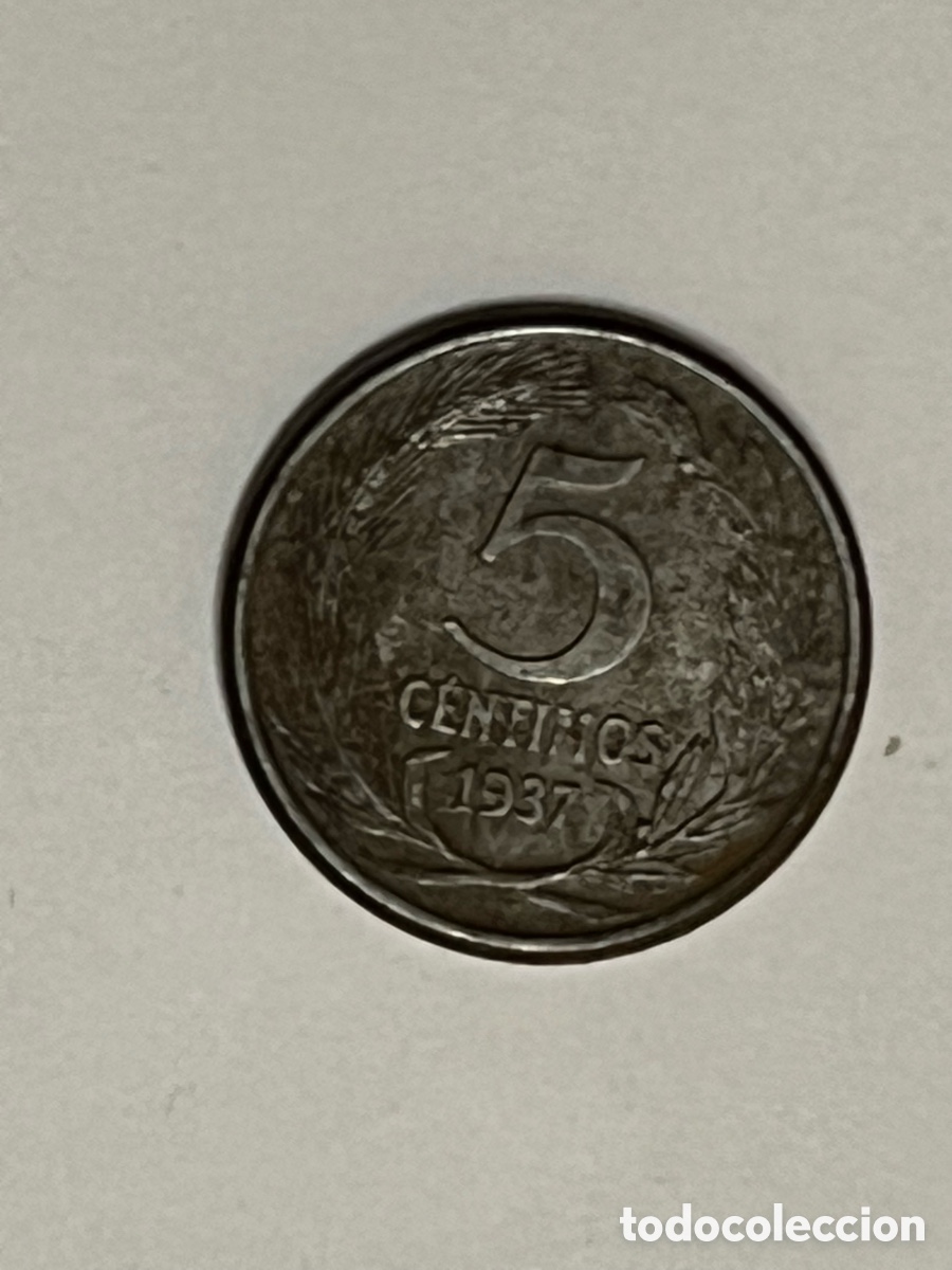 Monete Repubblica: REP&Uacute;BLICA. 5 c&eacute;ntimos.. conocida como Moneda de Guerra. Debido a la escasez de material (a.1937)