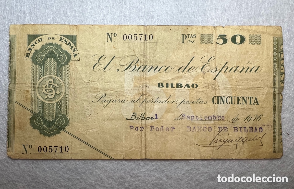 Monnaies R&eacute;publique: Cheque 50 pesetas del Banco de Espa&ntilde;a &ndash; Bilbao.