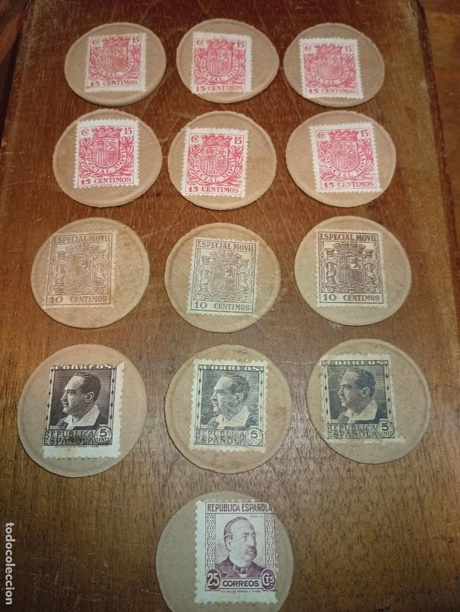 Monedas Rep&uacute;blica: RARO LOTE 13 SELLOS MONEDA NECESIDAD GUERRA CIVIL SEGUNDA REP&Uacute;BLICA 1936-1939 DISCOS